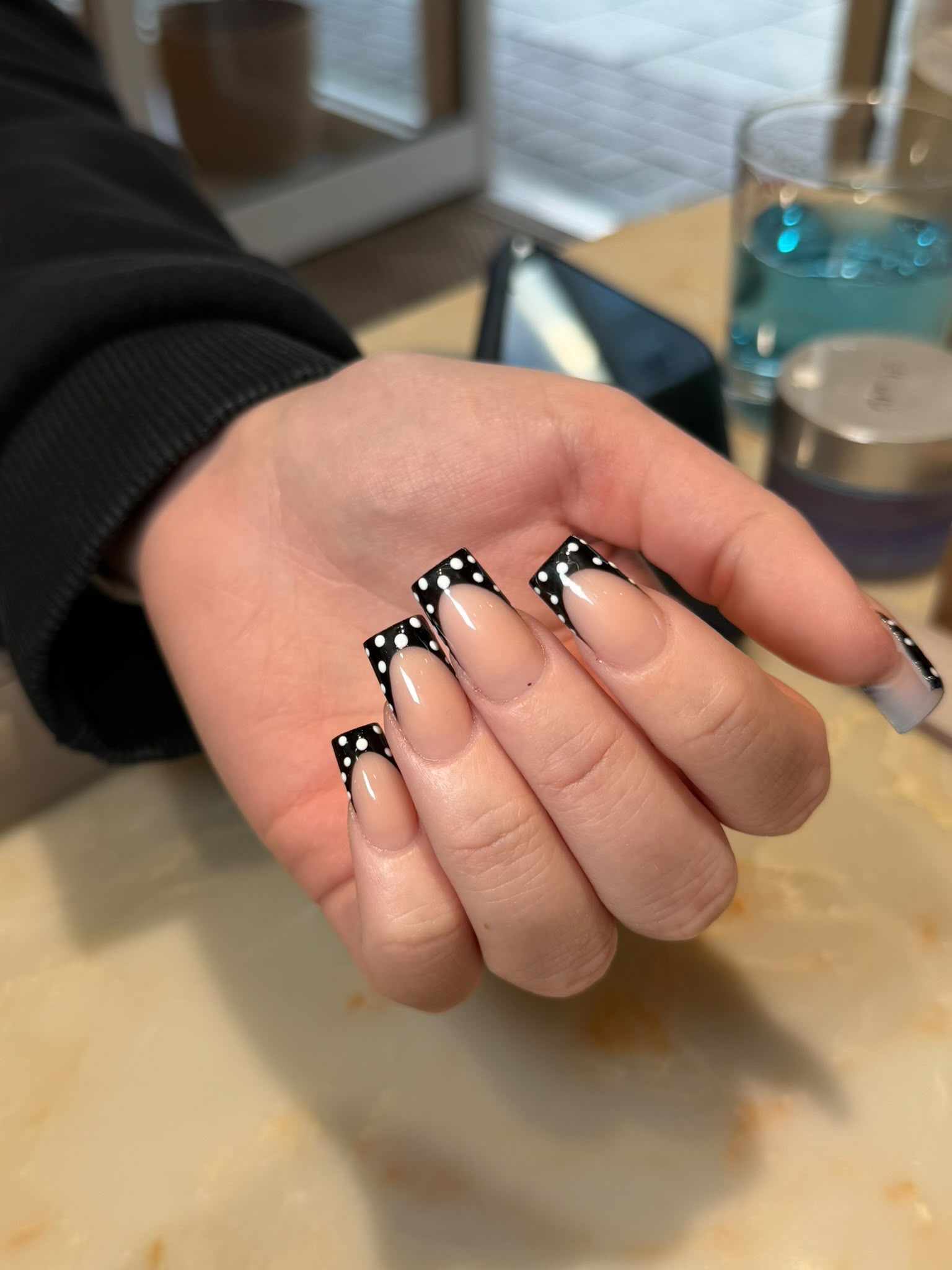 Black French tips with white dots